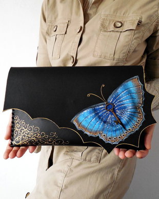 poseta plic handmade unicat din piele - Blue Shade of Spring