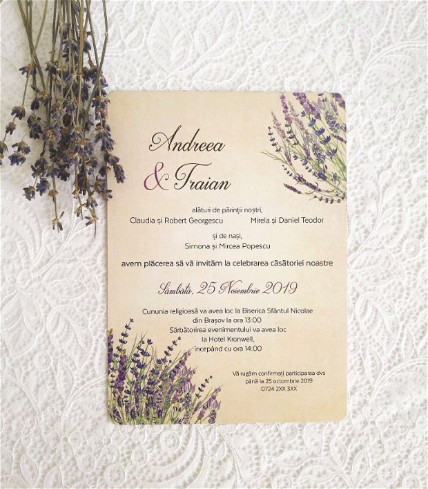 Invitatie nunta cu lavanda, invitatie rustica, invitatie flori, invitatie flori, lavanda