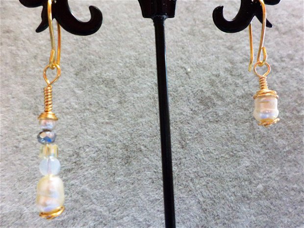 Cercei din sarma gilt cristale tip swarovski si perle de cultura