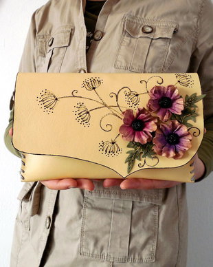 poseta plic handmade unicat din piele - Anemones