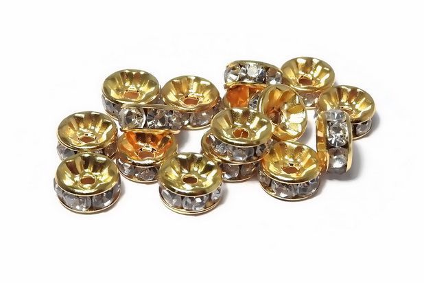 Distantiere cu strasuri, aurii, 6x3 mm