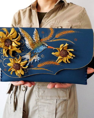poseta plic handmade unicat din piele - Hummingbird and Sunflower 2.0