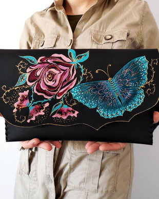 poseta plic handmade unicat din piele - Rose Garden 2.0