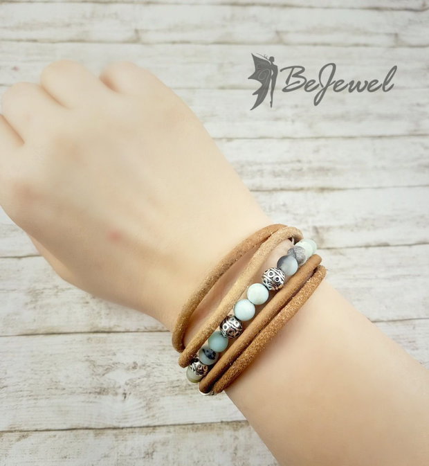 Bratara wrap din piele, zamac placat cu argint si agate ''Boho Vibes''