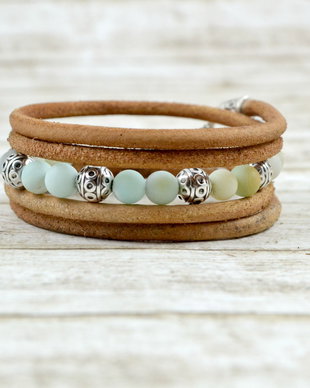 Bratara wrap din piele, zamac placat cu argint si agate ''Boho Vibes''