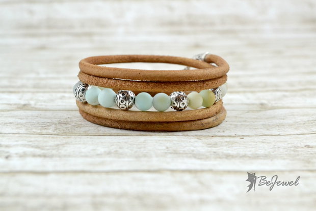 Bratara wrap din piele, zamac placat cu argint si agate ''Boho Vibes''