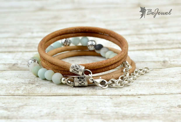Bratara wrap din piele, zamac placat cu argint si agate ''Boho Vibes''