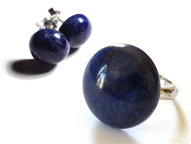 Inel si cercei cu surub din Argint 925 si Lapis lazuli rotund - IN492, CE492 - Inel albastru cu piatra mare, inel reglabil din pietre semipretioase, cercei albastri, set romantic delicat