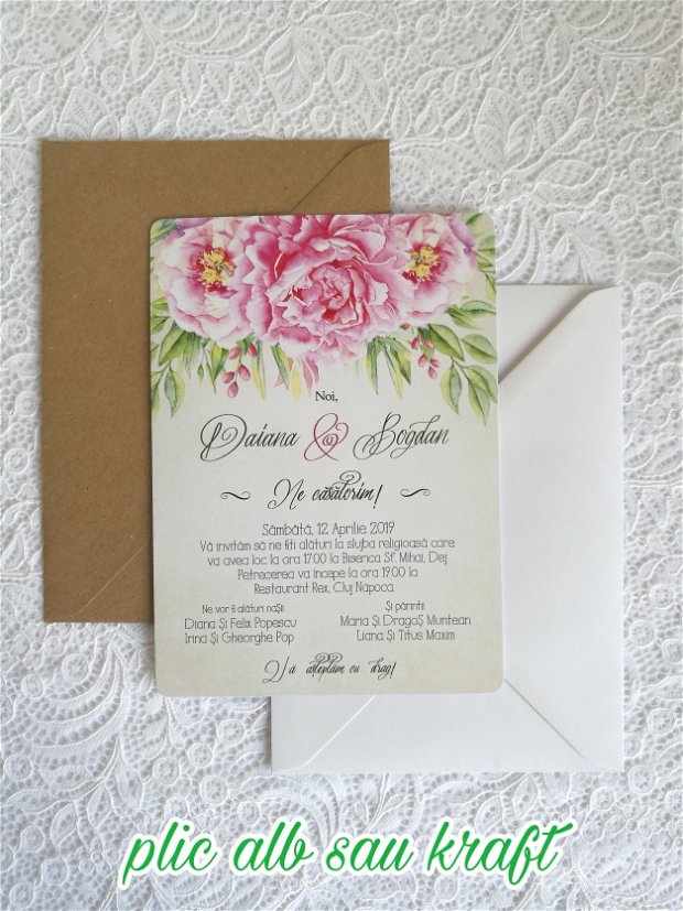 Invitatie nunta bujori, invitatie rustica, invitatie flori, invitatie roz, panglica, natura
