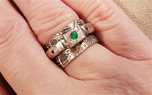 inel unicat din argint 999, spinner, cu textura si zirconiu verde