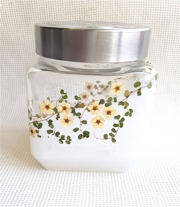 Borcan din sticla decorat cu flori presate, Recipient pentru cafea
