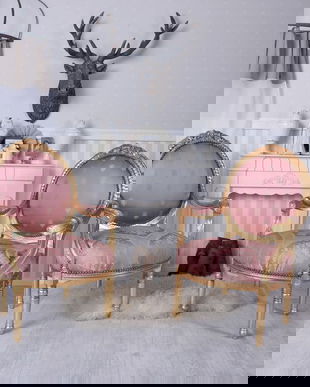 Set doua semifotolii din lemn masiv auriu cu tapiterie roz