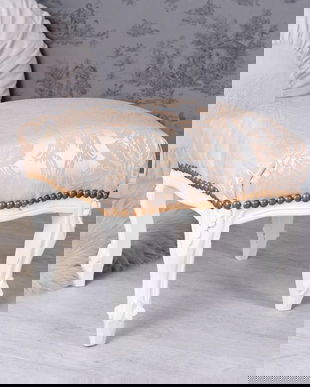 Scaunel din lemn masiv alb cu tapiterie grej cu flori