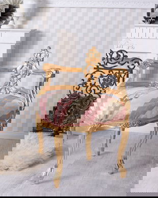 Scaunel deosebit din lemn masiv auriu cu tapiterie colorata