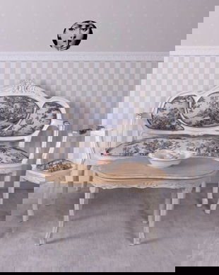 Set baroc din lemn masiv alb cu tapiterie cu albastru