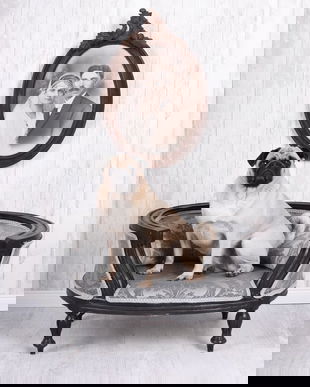 Canapea pentru caine din lemn masiv negru cu tapiterie gri