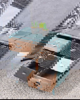 Dulap din metal albastru cu sertare din lemn si metal