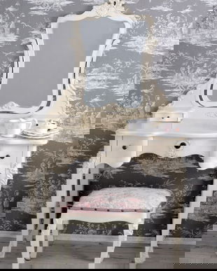 Masa toaleta din lemn masiv alb antichizat cu scaunel roz