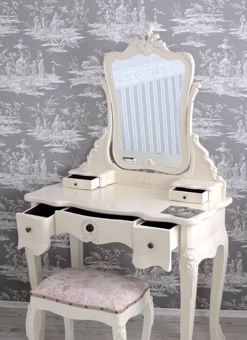 Masa toaleta din lemn masiv alb antichizat cu scaunel roz