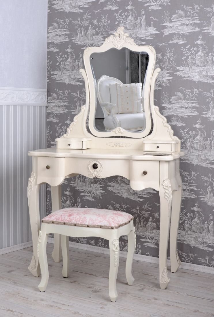 Masa toaleta din lemn masiv alb antichizat cu scaunel roz
