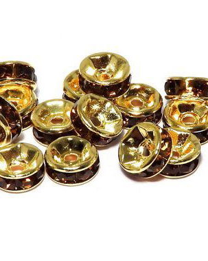 Distantiere cu strasuri, aurii, 6x3 mm