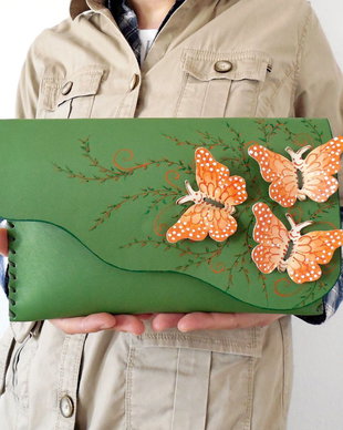 poseta plic handmade unicat din piele - Orange Butterflies