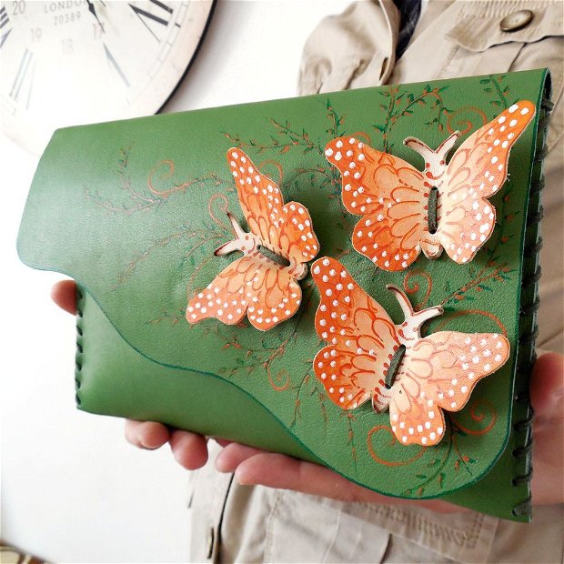 poseta plic handmade unicat din piele - Orange Butterflies