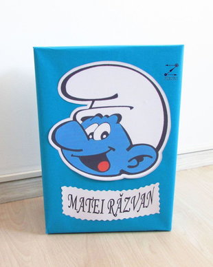 Cutie dar botez cu strumf, cutie bani strumfi, botez strumfi