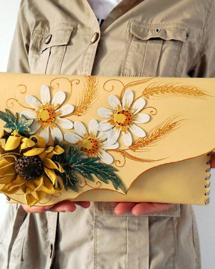 poseta plic handmade unicat din piele - Sunflower in a Summer day