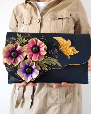 poseta plic handmade unicat din piele - Anemone