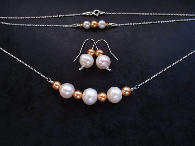 Set colier si cercei  din perle de cultura albe cu perle swarovski aurii