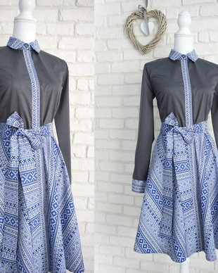 Rochie Camasa Gri cu Albastru - motive romanesti