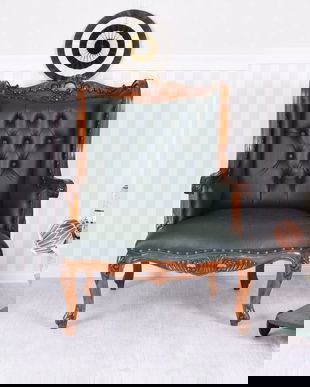 Fotoliu Chesterfield din lemn mahon cu tapiterie verde