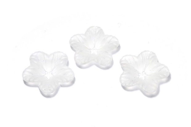 Margele din acril, frosted, floare, 18x5 mm, albe