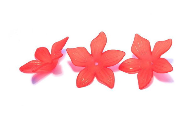 Margele din acril, frosted, floare, 27x7 mm, rosii