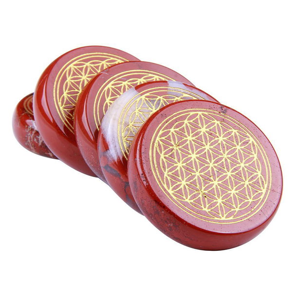 K0228 - Cabochon, jasp rosu, inscriptie floarea vietii, 40x40x11mm
