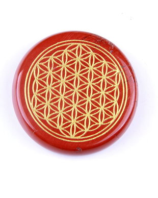 K0228 - Cabochon, jasp rosu, inscriptie floarea vietii, 40x40x11mm