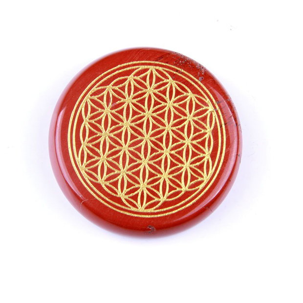 K0228 - Cabochon, jasp rosu, inscriptie floarea vietii, 40x40x11mm