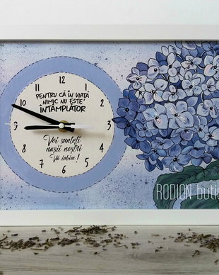 Ceas personalizat handmade pictat manual nasi hortensie albastra