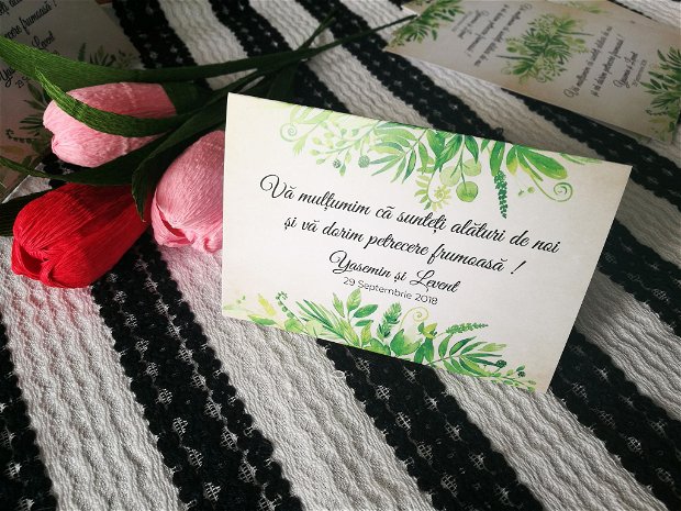 Card de masa Foliage, card multumire, nunta rustica, card plante, verde