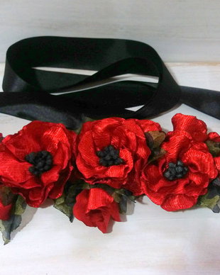 Brau cu maci/Cordon cu flori textile/