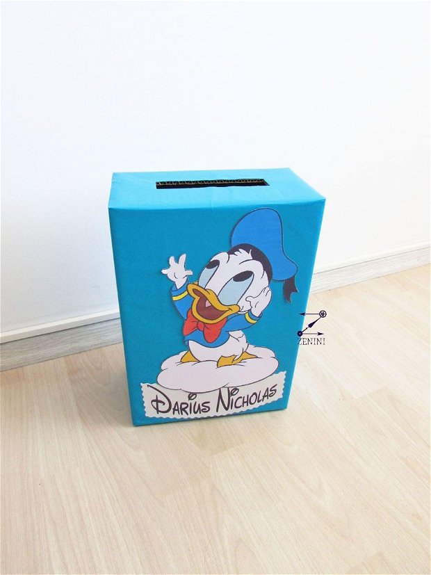 Cutie dar botez Donald Duck, casuta bani botez, cutie Donald Duck, cutie bani personalizata, botez Donald Duck