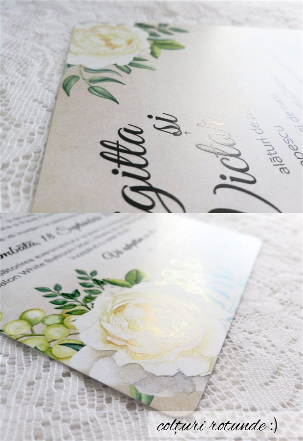 Invitatie nunta White Roses, invitatie rustica, invitatie flori, invitatie flori, natura, trandafiri, panglica, tag