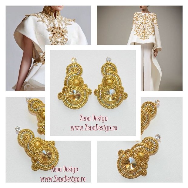 Cercei aurii cu cristale crem/aurii, bijuterii brodate cu cristale  şi strasuri, cercei handmade unicat, cercei haute couture unicat