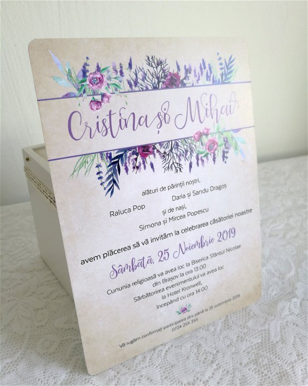 Invitatie nunta flori violet, nunta rustica, invitatie florala