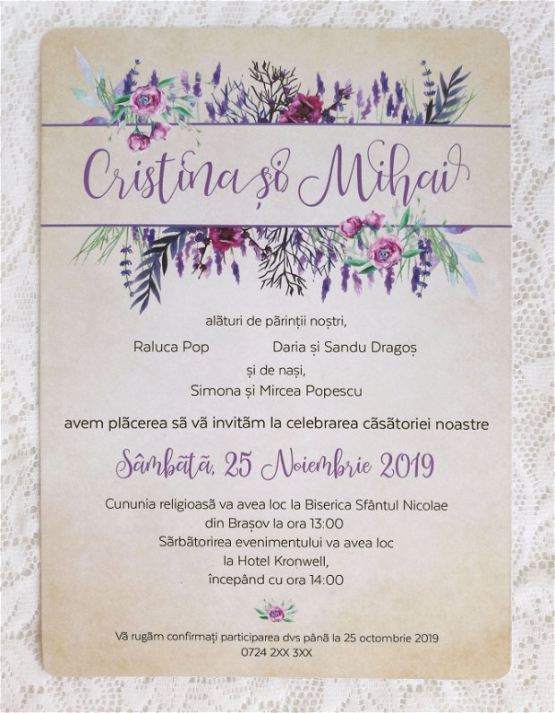 Invitatie nunta flori violet, nunta rustica, invitatie florala