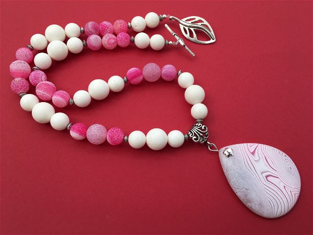 Colier agate frost pink & coral alb