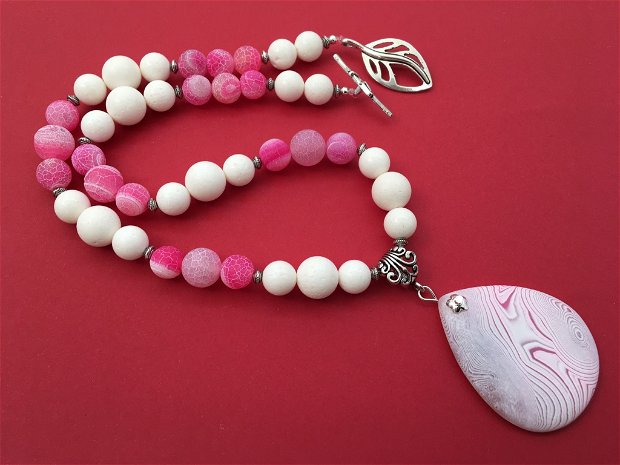 Colier agate frost pink & coral alb