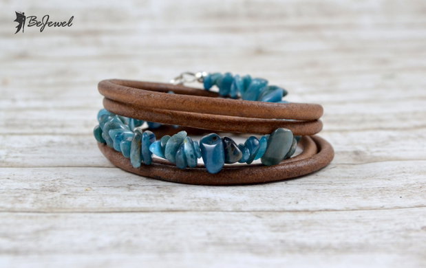 Bratara cu snur de piele si agate ''Deep blue sea''