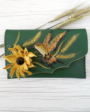 poseta plic handmade unicat din piele - Hummingbird and Sunflower